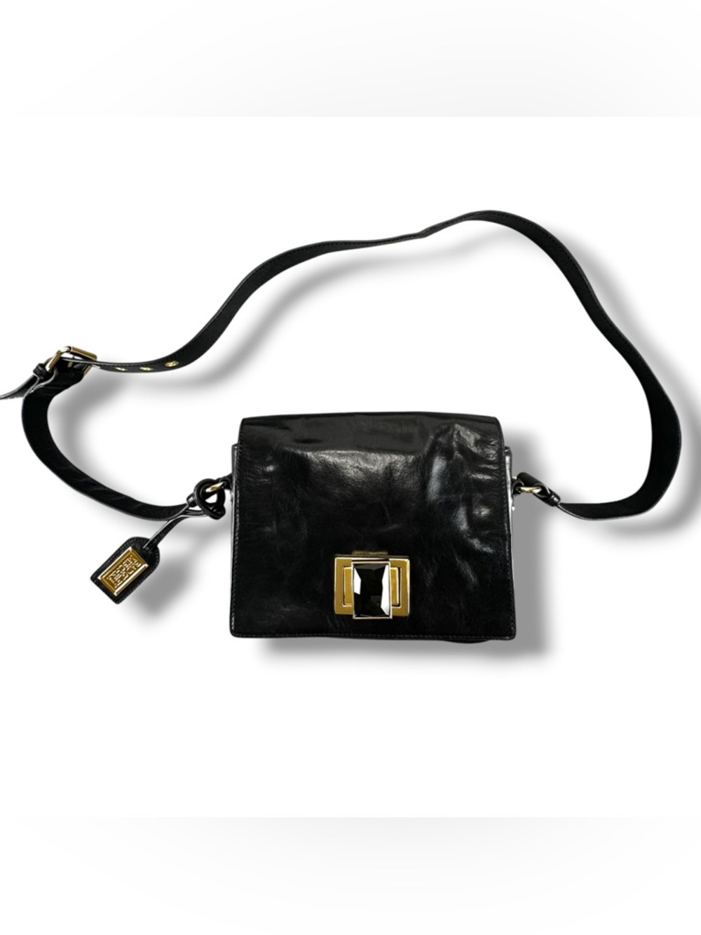 Badgley Mischka Black Leather Crossbody Bag Gold Buckle with Black Stone Large